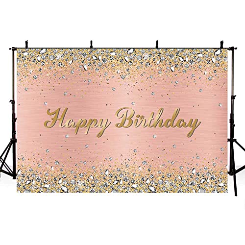 AIBIIN 10x7ft Happy Birthday Backdrop Rose Gold Pink Golden Dots Crystal Diamond Photography Background Girl Birthday Party Decorations Banner Cake Table Photo Booth Props - color: Rose Gold, size: 10X7ft