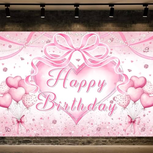 5X3ft Pink Bow Happy Birthday Backdrop Hot Pink Coquette Balloons Birthday Party Photography Background for Girls Women Glitter Wedding Baby Shower Decorations Backdrop Photo Booth - color: Pink, size: 5X3FT