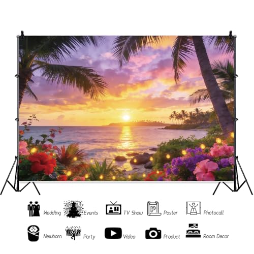 5x3ft Tropical Beach Photo Backdrop Summer Ocean Hawaiian Background Sunrise Sunset Hawaii Luau Party Island Palm Tree Seaside Aloha Party Baby Shower Birthday Party Banner Photo Studio Props - color: Violet, size: 5x3ft