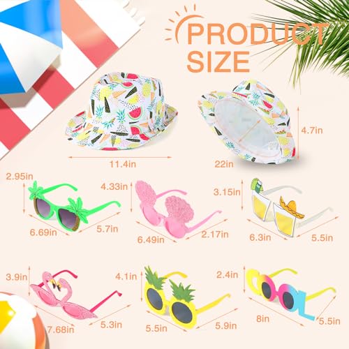 NICOWARM 6pcs Luau Fedora Hats, 6pcs Luau Party Sunglasses for Adults, with Luau Patterned includeing Flamingo, Pineapple, Photo Booth Props for Summer, Beach, Luau, Pool, Hawaiian Themed Parties