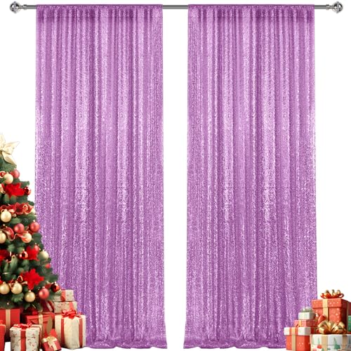 2×8FT-2PCS Lavender Sequin Backdrop Curtains Panels, Photography Backdrop Glitter Curtains Fabric Background for Christmas Wedding Party Decor - color: Lavender, size: 2X8FT-2PCS