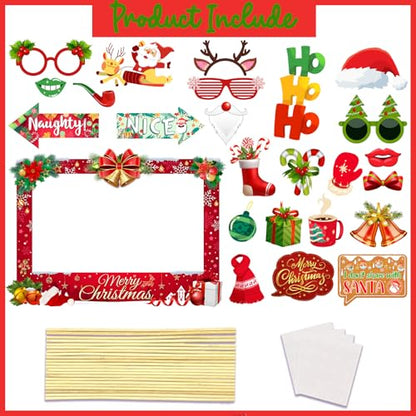 Christmas Photo Booth Props Kit, 24Pcs Fun Photo Props & Selfie Frame for Christmas Photos Decoration, Funny Santa & Gingerbread Photo Props for Xmas Holiday Party Decoration