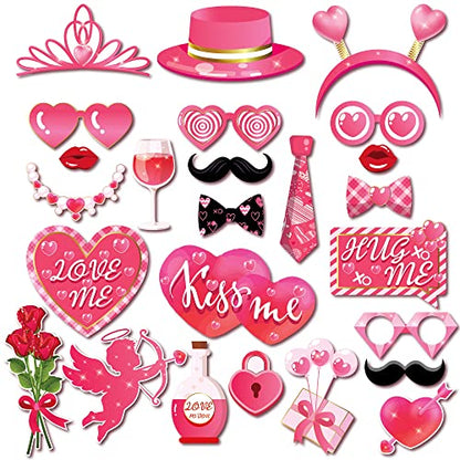 25Pcs Valentine's Day Photo Booth Props Valentine's Day Party Decorations Valentine's Day Party Props Valentine's Day Selfie Props with Stick for Valentine Party Decorations