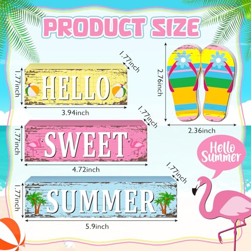 Geelin 4 Pcs Summer Decorations Wooden Sign Hello Summer Flip Flop Table Centerpiece Tiered Tray Decor Beach Farmhouse Blocks Table Top Sign for Home - style: Summer