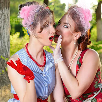 Fascinators Hats with Gloves Set for Women 20s 50s Cocktail Tea Party Wedding Costume Headwear - color: B-pink
