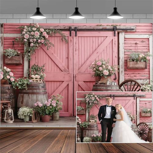 5x4ft Country Wedding Pink Photography Backdrop Rustic Wooden Barn Door Photography Backdrop Farmhouse Flower Western Girl Birthday Baby Shower Wedding Bridal Party Banner Photo Booth Props Background - color: Multi7, size: 5X4FT