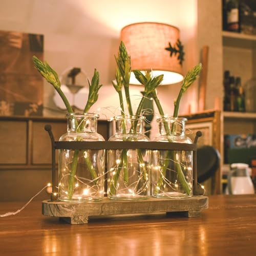 Vase Set with Flower and LED Lights, 3 Glass Mason Jars with Artificial Peony Flowers, Rustic Gray-Washed Wood Tray, Farmhouse Table Decor