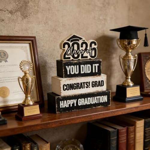 4 Pcs Class of 2026 Graduation Wooden Table Sign Tiered Tray Decor Wood Congrats Grad Table Centerpiece Block Signs You Did It Rustic Photo Props for Home Kitchen Shelf Display Farmhouse Congratulate