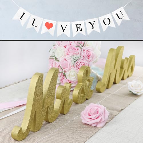 Mr & Mrs Signs Wooden Freestanding Letters for Photo Props, Rustic Decoration, Anniversary & Wedding Shower Gift (Golden + I LOVE YOU banner) - color: Golden with I LOVE YOU banner