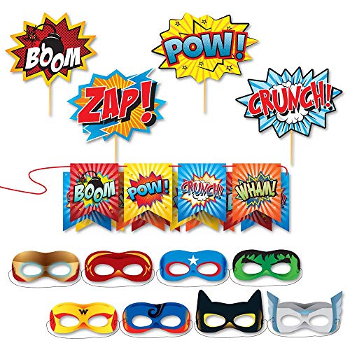 Superheroes Theme Party Photography Backdrop with Prop, Flag & Mask. Super Hero Cityscape Photo Booth Background for Kids Party, Birthday Wall Decorations - size: 4.5*6.1 feet