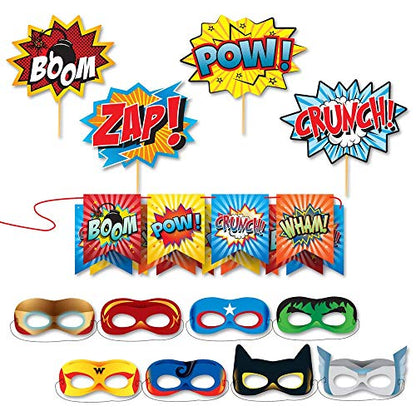 Superheroes Theme Party Photography Backdrop with Prop, Flag & Mask. Super Hero Cityscape Photo Booth Background for Kids Party, Birthday Wall Decorations - size: 4.5*6.1 feet