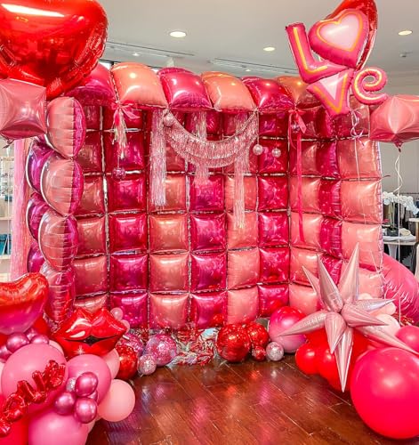 Hot Pink Square Foil Balloon Wall,25Pcs Double Sided Balloons Backdrop Foil Balloon Tunnel Arch Garland Kit for Valentine's Day Birthday Bridal Anniversary Baby Shower Party Decorations - style: Hot Pink