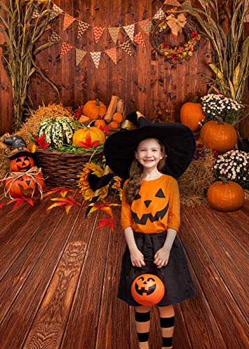 5X7FT Fall Thanksgiving Wooden Floor Barn Autumn Pumpkins Maple Leaves Sunflower Baby Portrait Party Halloween Decoration Vinyl Photography Backdrop Photo Booth Background Studio Prop TP295 - size: 5'x7'