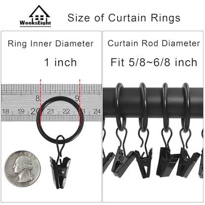 WeeksEight 44 Pack Black Curtain Rings with Clips, Curtain Hooks Hangers Clip Rings for Hanging Drapes Bows Hat, Drapery Rings 1 in I D, Fits up to 5/8 in Diameter Curtain Rod. - color: Black, size: 1" I D Set of 44