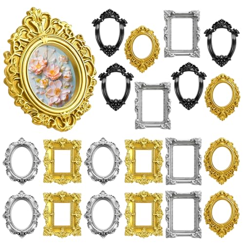 LHSYFBZ 20PCS Mini Vintage Resin Picture Frame, Mini Antique Photo Frame Oval Rectangle for DIY Jewelry Display, Photography Mobile Phone Photo and Wall Decor Hanging(Multicolor) - style: 20Black Gold Silver MiniResinPictureFrame