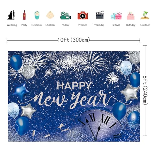 Blue Happy New Year Backdrop 2026 New Year Eve Party Photography Background Fireworks Navy Blue Silver Glitter Sequin New Years Party Decor Supplies Banner Gift Ideas Favor (10X8FT(120x96 inch)) - size: 10X8FT(120x96 inch)