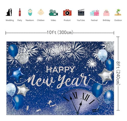 Blue Happy New Year Backdrop 2026 New Year Eve Party Photography Background Fireworks Navy Blue Silver Glitter Sequin New Years Party Decor Supplies Banner Gift Ideas Favor (10X8FT(120x96 inch)) - size: 10X8FT(120x96 inch)