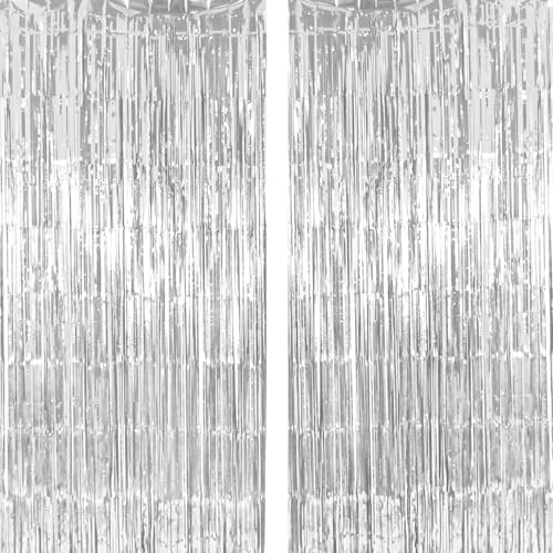 4 Pack Thickened Silver Metallic Foil Fringe Curtains Streamer Rip Resistant Shimmer Tinsel Photo Booth Backdrop for Birthday Wedding Christmas Bachelorette Party Decorations 3.28ft x 6.56ft - color: Silver, size: 4 Pack