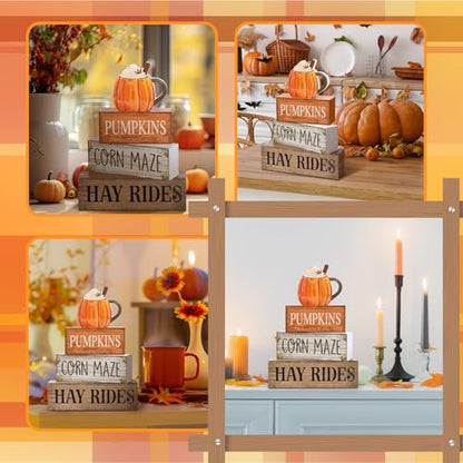 Lineshading 4 Pcs Thanksgiving Decorations for Home Thanksgiving Tiered Tray Decor Fall Cream Cups Table Decor Fall Centerpiece Rustic Cream Cups Block Sign Autumn Decorations for Home Kitchen Shelf - style: Cup