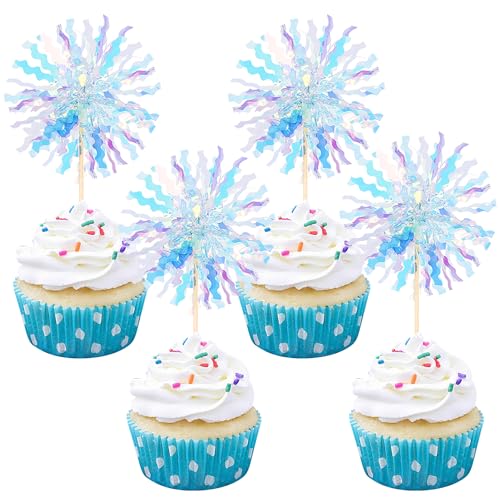 30 PCS Foil Firework Cupcake Toppers Sparkle Tinsel Cupcake Picks Happy Birthday Cake Toppers Drink Stirrers Cocktail Food Fruit Toothpicks for Baby Shower Wedding Party Decorations Supplies Blue - color: Blue