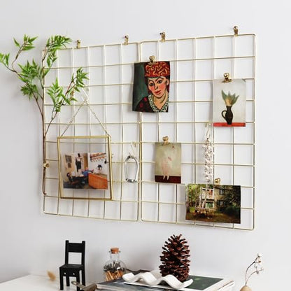 Metal Mesh Wall Grid Panel for Photo Display,Message Board,Size: 17.5" x 11.8",Pack of 2 (Gold) - color: Gold