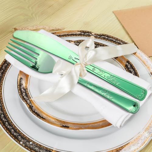 180 Pack Disposable Green Plastic Silverware Contain 60 Forks,60 Spoons,60 Knives, Solid and Durable Plastic Cutlery Utensils Set Perfect for Parties,weddings. - color: Green