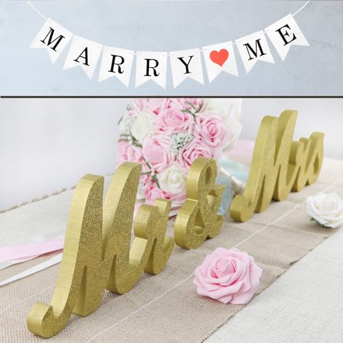 Large Golden Mr & Mrs Sign for Wedding Table with Marry Me Banner for Proposal Arrangement- Gold Glitter Freestanding Letter Decorations for Party or Holiday - Indoor and Outdoor - color: Golden with Marry me banner