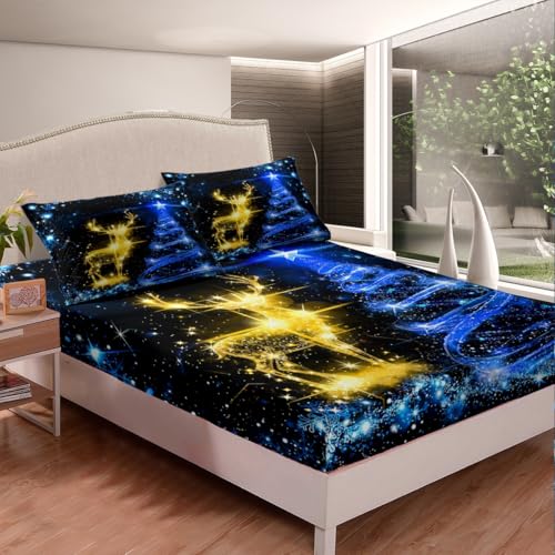 Manfei Christmas Fitted Sheet Queen Size, Blue Xmas Tree Gold Deer Bedding Set, New Year Bed Cover with 2 Pillowcases, Kids Boys Girls Room Decor, Soft Polyester Bedding(No Top Sheet) - color: Black Blue Gold, size: QUEEN (W60*L80*H16")
