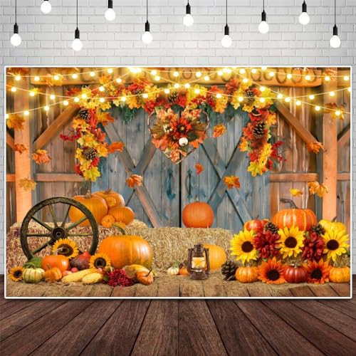 Fall Thanksgiving Backdrop Barn Door Autumn Photo Background for Photography Pumpkins Sunflowes Maple Leaves Thanksgiving Day Baby Shower Party Decor Photo Booth Props 5X3FT - color: Fall 003, size: 5x3ft