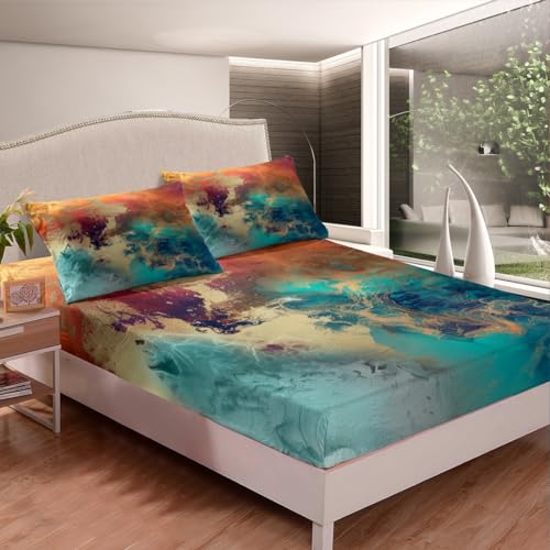 Teal Blue and Gold Modern Bed Sheets Set Modern Marble Aesthetic Fitted Sheet for Kids Boys Girls Golden Streaks Bedding Set Marble Texture Bed Cover 3Pcs Queen Size - color: Multi 10, size: Queen
