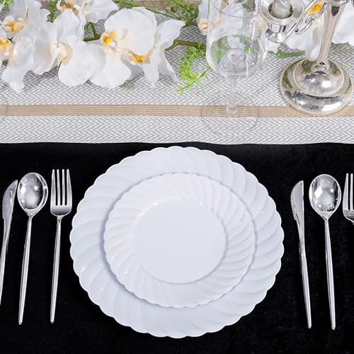 U-QE 60 Count White Plastic Plates - 10.25inch Plastic Disposable Plates for Party - White Dinner Plates Disposable Heavy Duty for Weddings, Parties, Birthdays, Celebrations, Travel and Events - color: 10Inch-60pcs-White