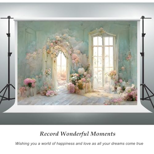 YongFoto European Style Oil Painting Backdrop 10x8ft Flowers Arched Door French Window Photography Background Birthday Bridal Shower Wedding Party Banner Home Decor Photoshoot Photo Studio Props - size: 10ftx8ft