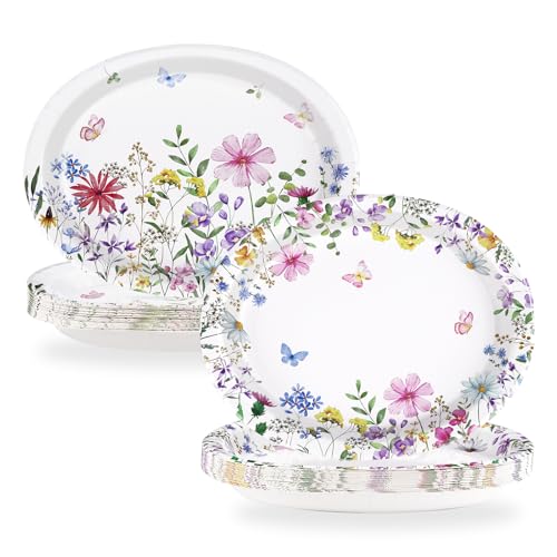 50Pcs Wildflower Oval Paper Plates 10" x 12" Heavy Duty Disposable Watercolor Flowers Butterfly Party Plates Spring Floral Dessert Platters for Wedding Baby Shower Birthday Picnic Tea Party Supplies - style: 50Pcs Wildflower Oval Paper Plates