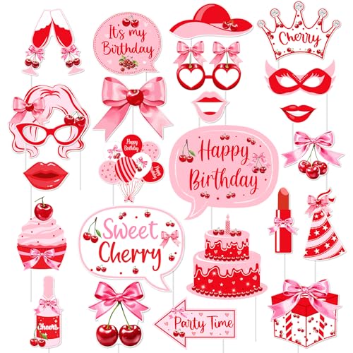 24 Pcs Pink Cherry Photo Booth Props Set, Cherry Happy Birthday Photography Posing Selfie Props with Sticks, Summer Fruit Theme Photo Shoot for Bday Baby Shower Party Supplies