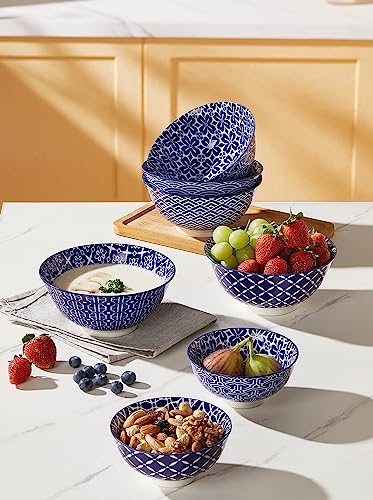Metahom Ceramic Cereal Bowls, 23 Oz Blue and White Bowls, Porcelain Soup Bowl Set for Salad, Dessert, Pasta, Ice Cream,Set of 6 - color: Blue White, size: 6 inch