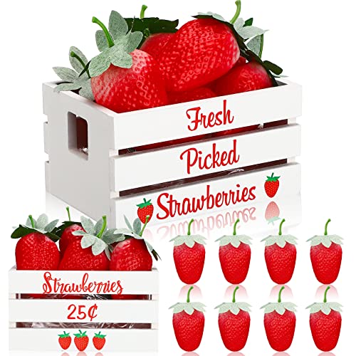 Maitys Strawberry Table Decor, Rustic Summer Tiered Tray Decor Mini Wooden Crate with 8 Fake Strawberry, Farmhouse Table Centerpiece Berry Decoration for Kitchen Mantel Shelf, Baby Shower Party Supply
