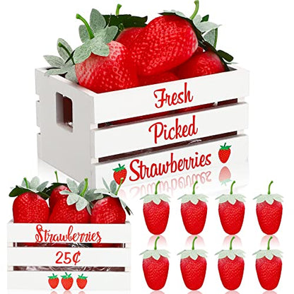 Maitys Strawberry Table Decor, Rustic Summer Tiered Tray Decor Mini Wooden Crate with 8 Fake Strawberry, Farmhouse Table Centerpiece Berry Decoration for Kitchen Mantel Shelf, Baby Shower Party Supply