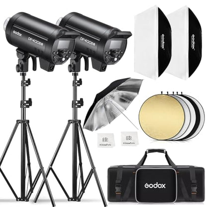 2pcs Godox DP400IIIV Studio Flash Kit for Photography,400Ws Strobe Professional Lighting with Tripod Stands,Bowens Mount Softbox,Umbrella Reflector,Carry Bag for Portrait Product Wedding Shooting