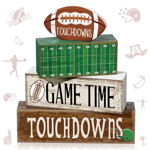 Yuntau 4 Pcs Football Table Decorations Spring Football Tiered Tray Decor Spring Wooden Sign Soccer Centerpiece Decorative Faux Book Stack Block for Coffee Table Fireplace Mantel Floating Shelf - style: Football