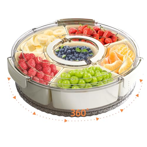Divided Serving Tray with Lid and Handle, Stackable Snackle Box Container for Fruits Candy Organizer, Portable Spinning Rounded Veggie Tray for Kitchen, Party, Trave and Picnic-1 PACK - color: 12" L-1pcs (White)