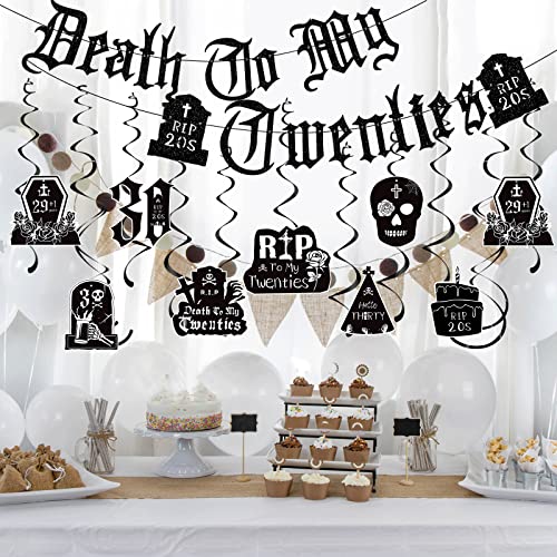 Death to My 20s Decorations - 14pcs Black 30th Birthday Party Decorations Banner Hanging Swirls Rip to My 20s Birthday Decor Party Ceiling Supplies Women Men Funeral for My Youth Party Decor - style: Death to My 20s