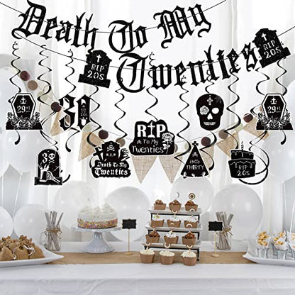 Death to My 20s Decorations - 14pcs Black 30th Birthday Party Decorations Banner Hanging Swirls Rip to My 20s Birthday Decor Party Ceiling Supplies Women Men Funeral for My Youth Party Decor - style: Death to My 20s