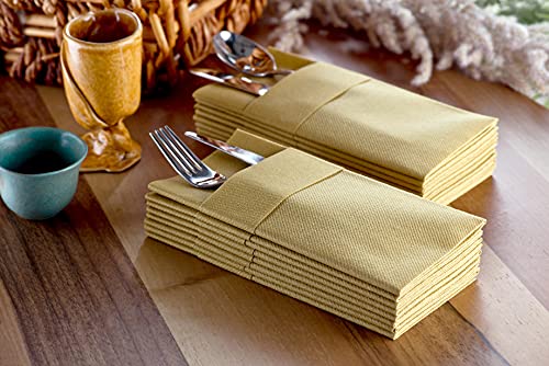 Moyes Home Gold Disposable Dinner Napkins with Pocket - Linen-Feel Pre-Folded Cloth-Like Paper Napkins for Silverware, Weddings, Dinner Parties, 16x16 in, Pack of 50 - color: Gold