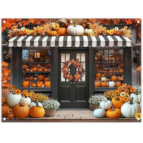 8x6ft Fabric Fall Pumpkin Shop Backdrop Rustic Autumn Chrysanthemum Maple Leaves Harvest Floral Door Photography Background Thanksgiving Party Decor Photo Props - size: 8'x6'