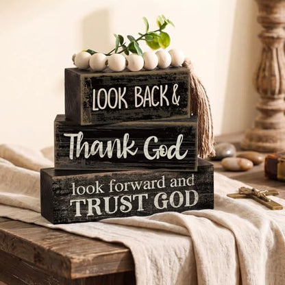 Moucuny 4 Pcs Farmhouse Table Decor Inspirational Wooden Signs Rustic Eucalyptus Leaves Wooden Block Sign Gift Thank and Trust God Farmhouse Table Centerpiece for Living Room Housewarming Gift - style: Black