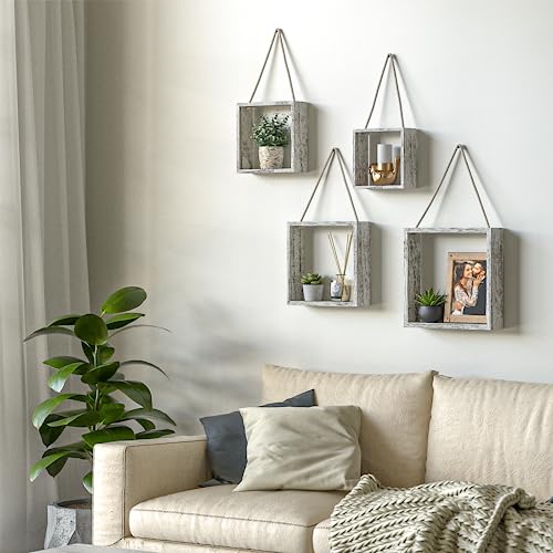 J JACKCUBE DESIGN Floating Hanging Square Shelves Wall Mounted Rustic Wood Cube Display Shelf Shadow Boxes Decorative Boho Home Décor for Living Room, Bedroom, Office, Set of 4 (White) - MK571C - color: White
