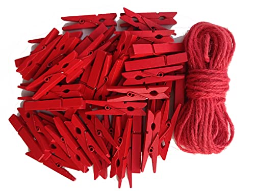 1.9 Inch Red Strong Wood Clothes Pins Hold Xmas Cards Papers Scrapbooking Gloves Socks Laundry Clip with Twine Pack 50 - color: 50pcs (2 Inch) Red + Jute Twine