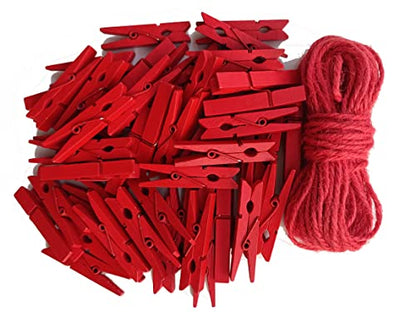 1.9 Inch Red Strong Wood Clothes Pins Hold Xmas Cards Papers Scrapbooking Gloves Socks Laundry Clip with Twine Pack 50 - color: 50pcs (2 Inch) Red + Jute Twine