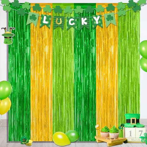 2 Pack St Patrick Party Decorations, 3.28 FT x 7.05 FT Green Gold Light Green Backdrop Curtains, Metallic St.Patrick Fringe Curtains Party Streamer Tinsel Backdrop, St Patrick Party Supplies - color: Gold Green Grass, size: 2 PCS