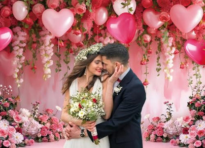 Flowers Wall Backdrop Pink Flowers Love Heart Balloons Romantic Photography Background Wedding Anniversary Birthday Valentines Party Decorations Banner Supplies (7x5FT) - size: 7x5FT